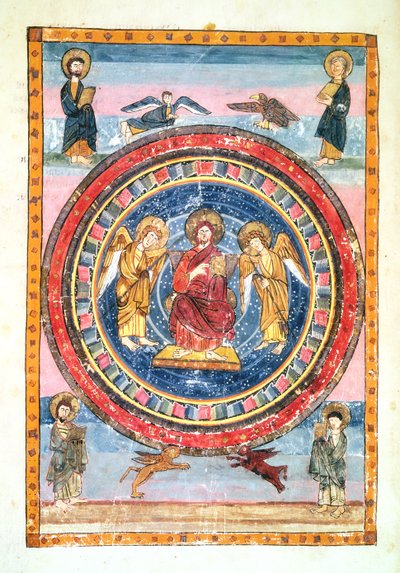 Christ in Majesty with angels and the Four Evangelists, executed at Jarrow, Wearmouth, early 8th century by English School